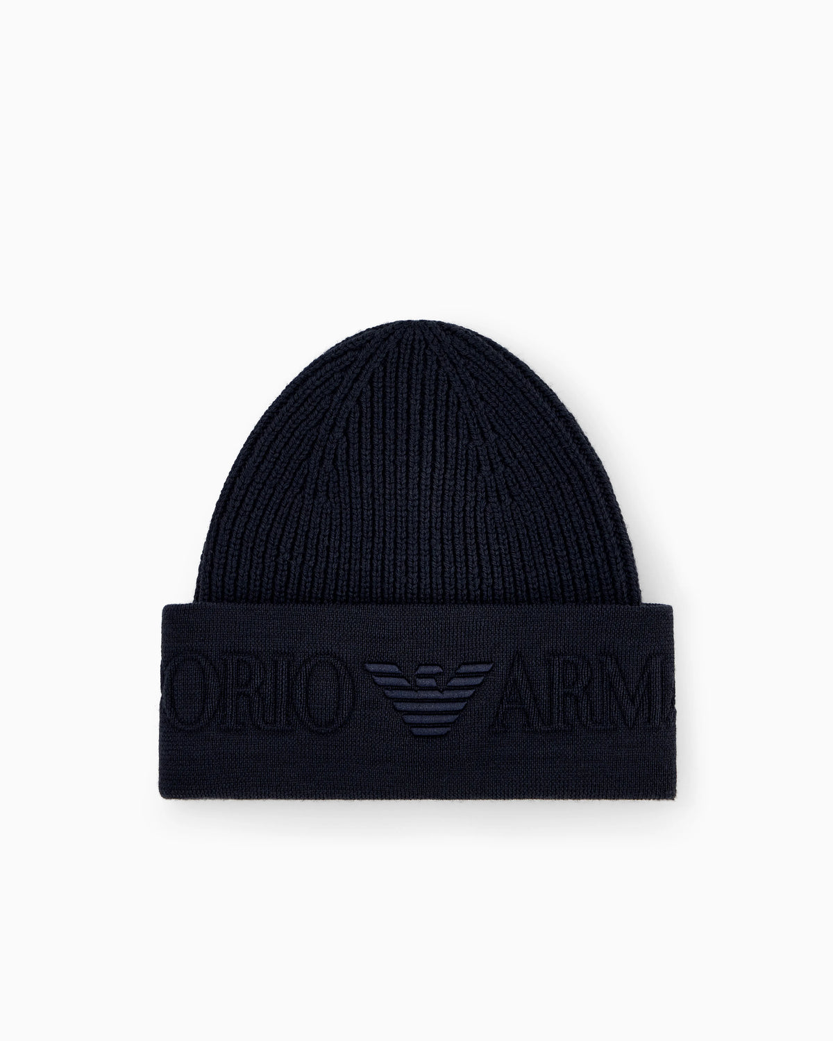Beanie hat in ribbed virgin wool with embossed logo on cuff