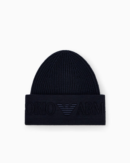 Beanie hat in ribbed virgin wool with embossed logo on cuff