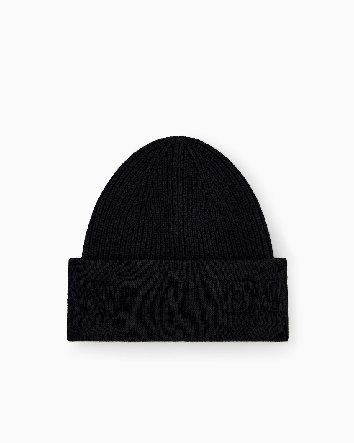 Beanie hat in ribbed virgin wool with embossed logo on cuff