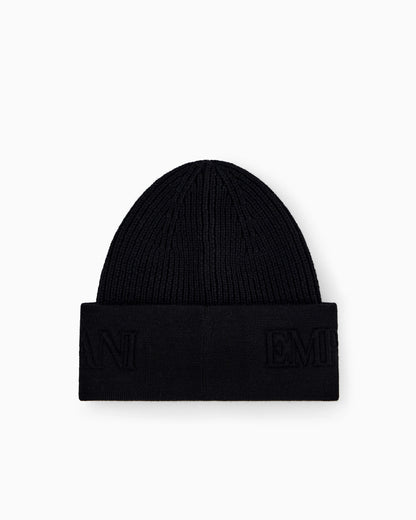 Beanie hat in ribbed virgin wool with embossed logo on cuff
