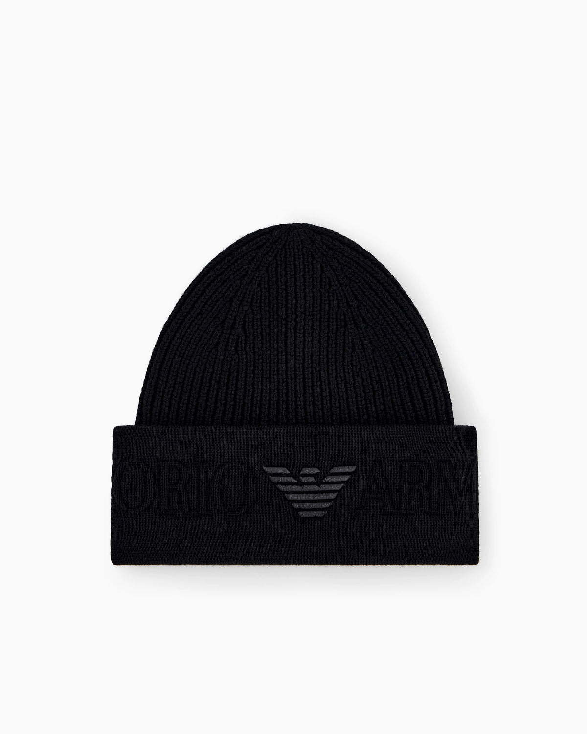 Beanie hat in ribbed virgin wool with embossed logo on cuff
