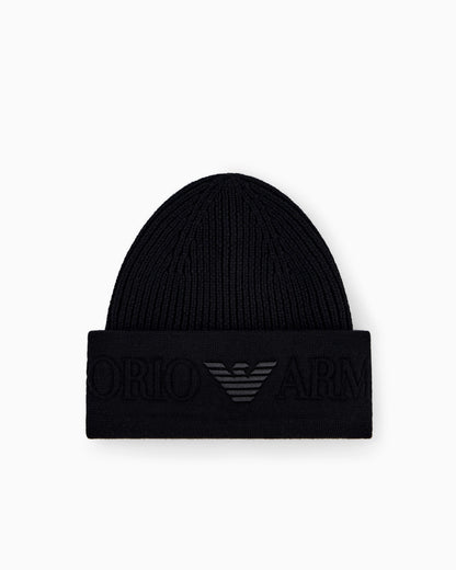 Beanie hat in ribbed virgin wool with embossed logo on cuff