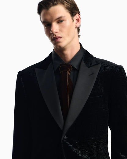 Velvet tuxedo jacket with all-over printed motif