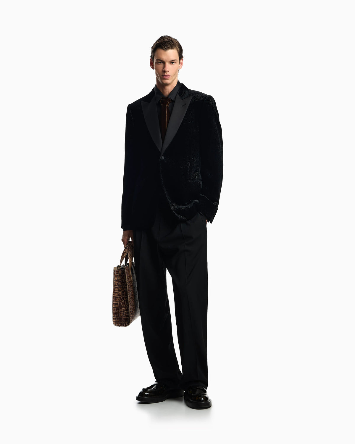 Velvet tuxedo jacket with all-over printed motif