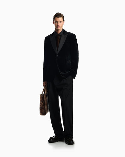 Velvet tuxedo jacket with all-over printed motif