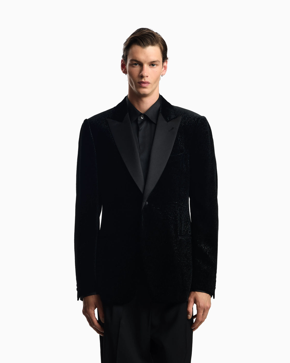 Velvet tuxedo jacket with all-over printed motif