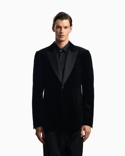 Velvet tuxedo jacket with all-over printed motif
