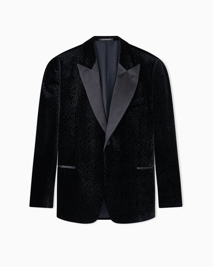 Velvet tuxedo jacket with all-over printed motif