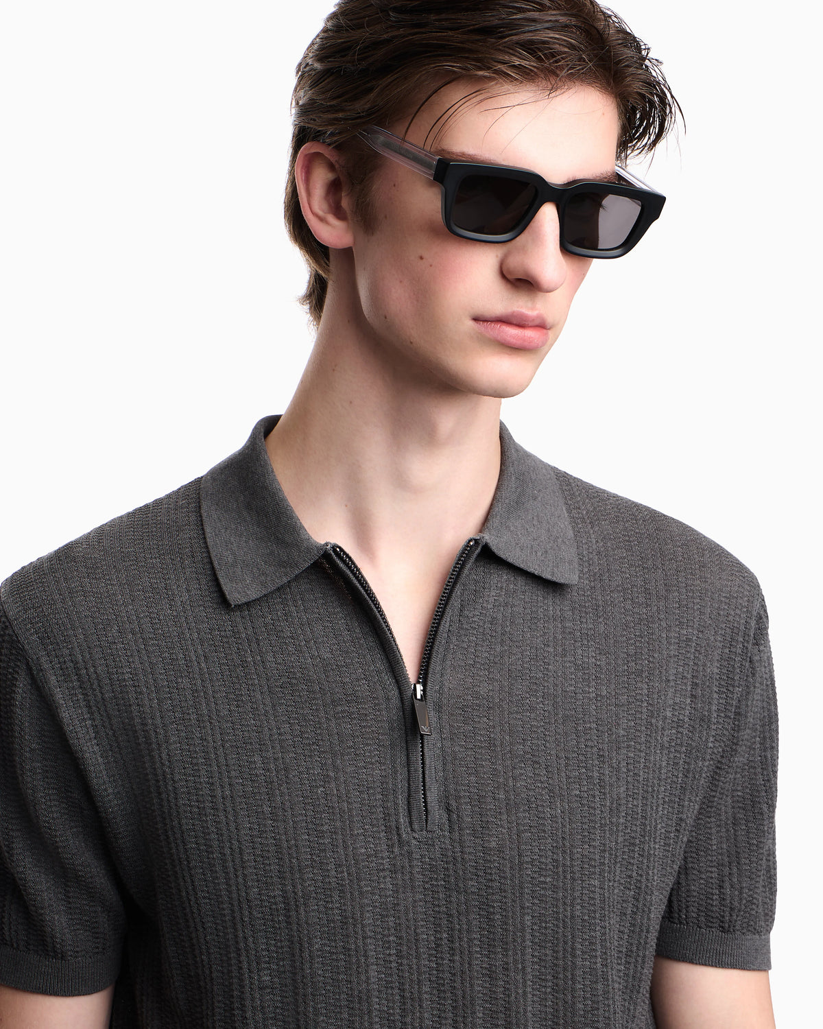 Vertical tuck-stitch jumper with polo-shirt collar