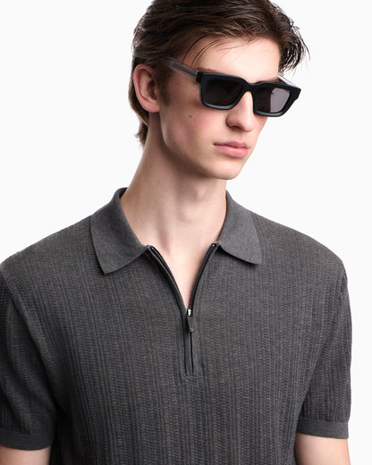Vertical tuck-stitch jumper with polo-shirt collar