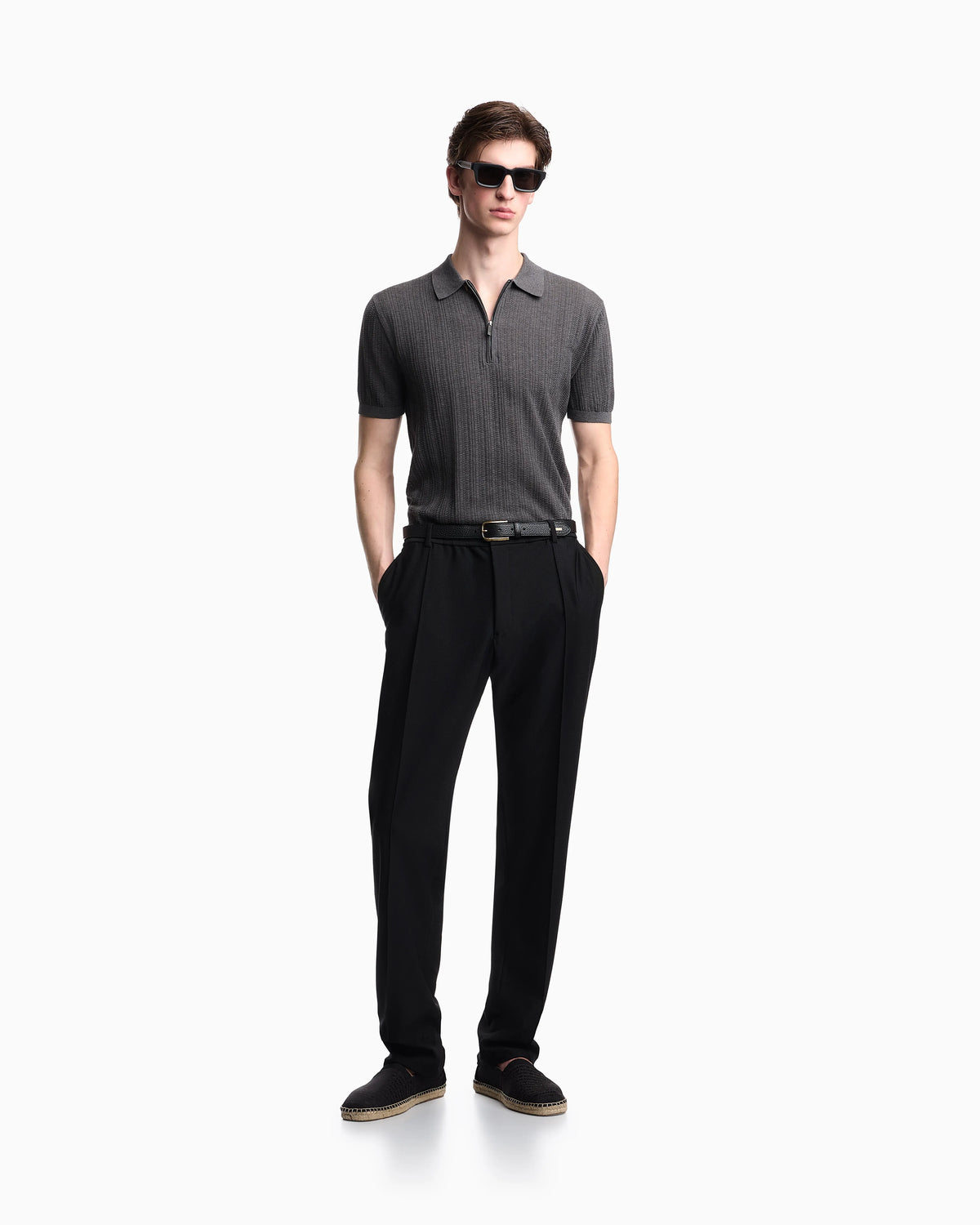 Vertical tuck-stitch jumper with polo-shirt collar