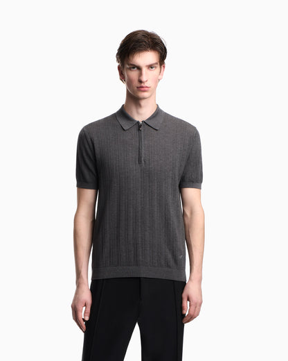 Vertical tuck-stitch jumper with polo-shirt collar