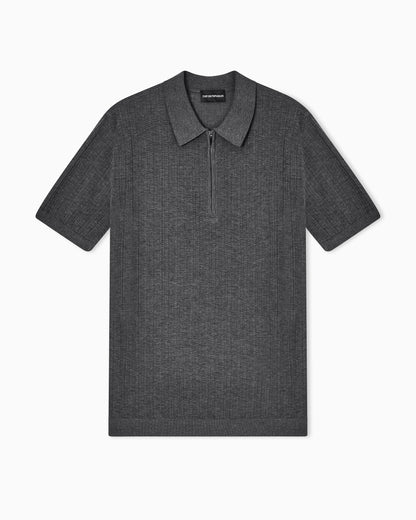 Vertical tuck-stitch jumper with polo-shirt collar