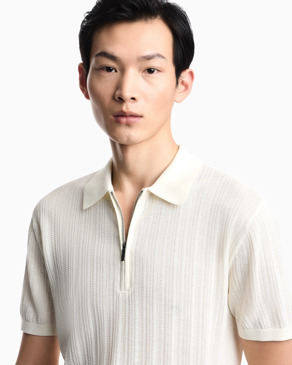 Vertical tuck-stitch jumper with polo-shirt collar