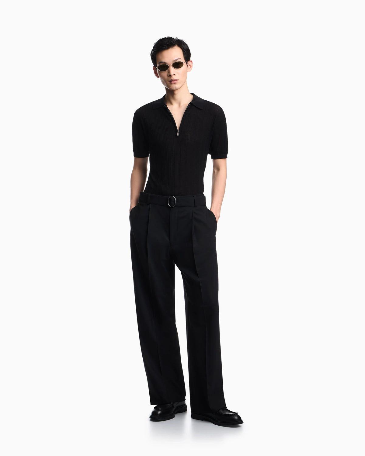 Vertical tuck-stitch jumper with polo-shirt collar