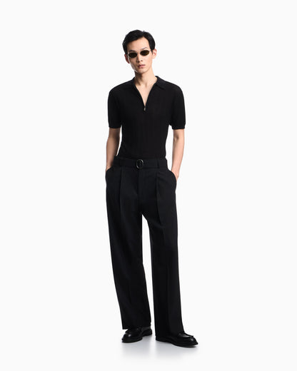 Vertical tuck-stitch jumper with polo-shirt collar