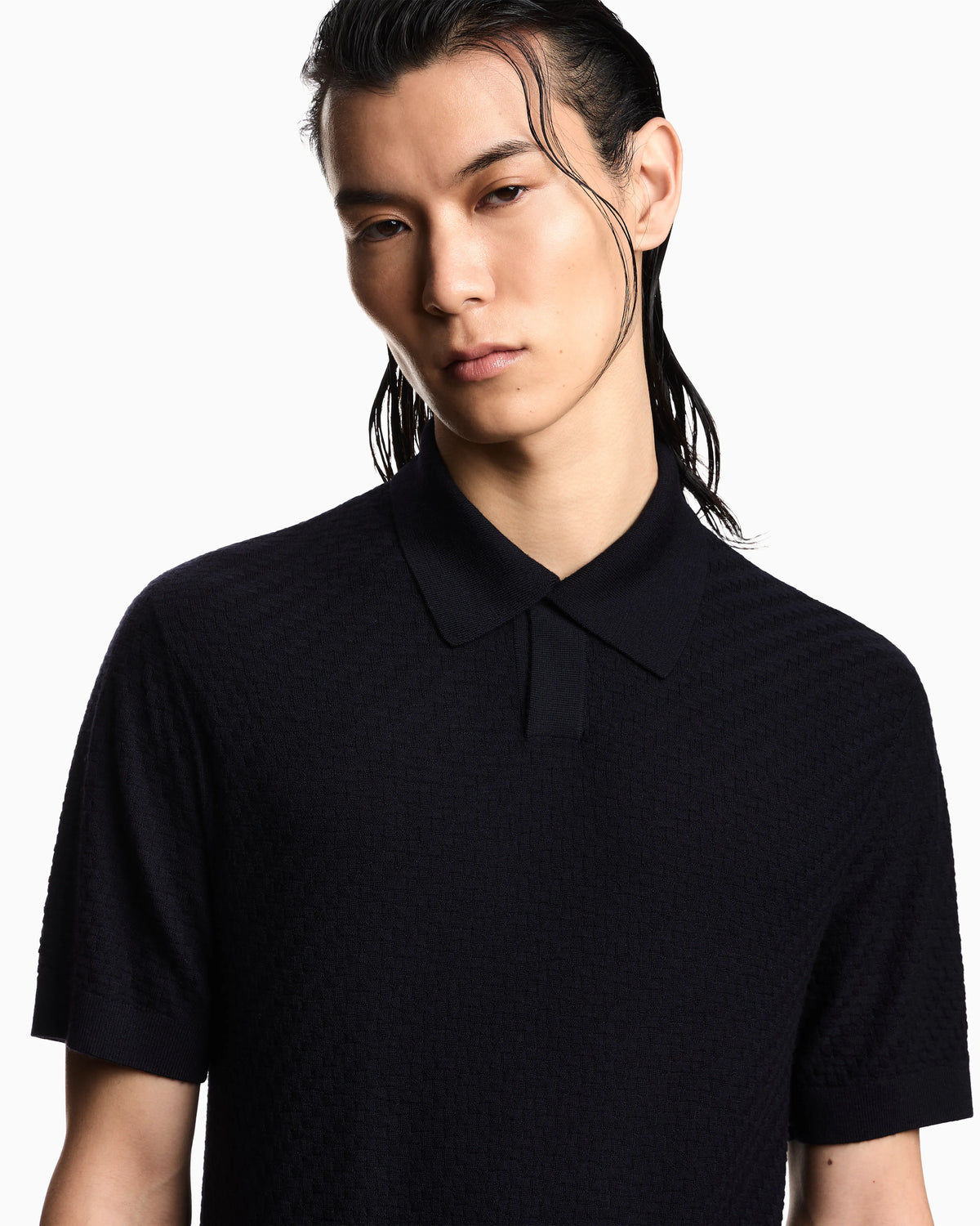Polo shirt-collar jumper in virgin wool with check motif