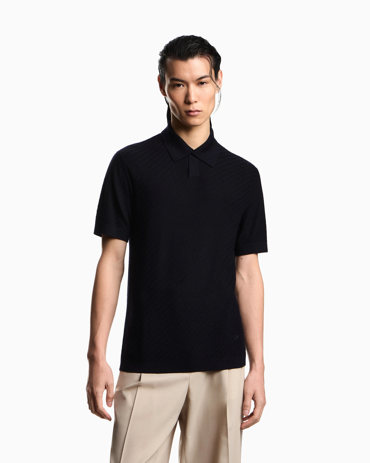 Polo shirt-collar jumper in virgin wool with check motif