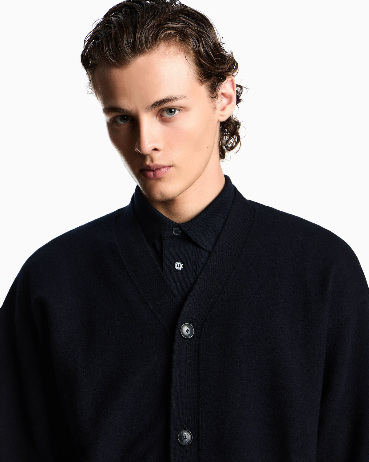 V-neck cardigan made of plush-knit virgin wool