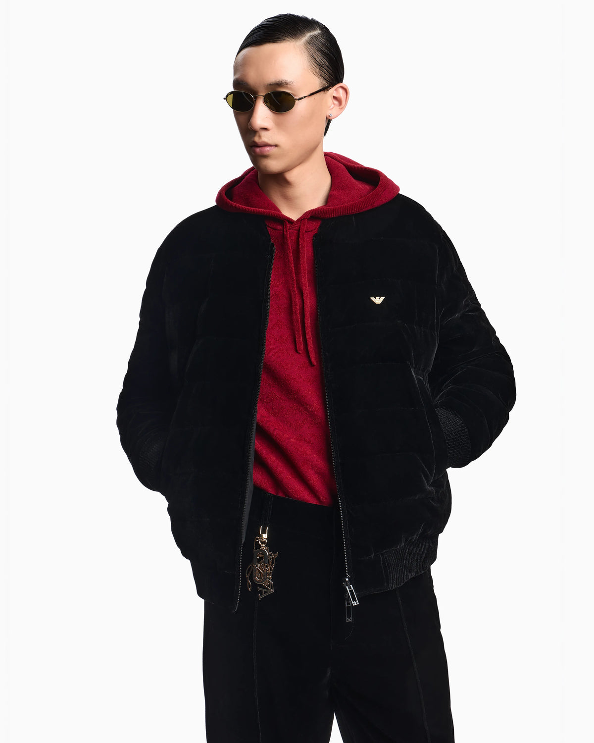 Virgin-wool blend hooded jumper with all-over eagle