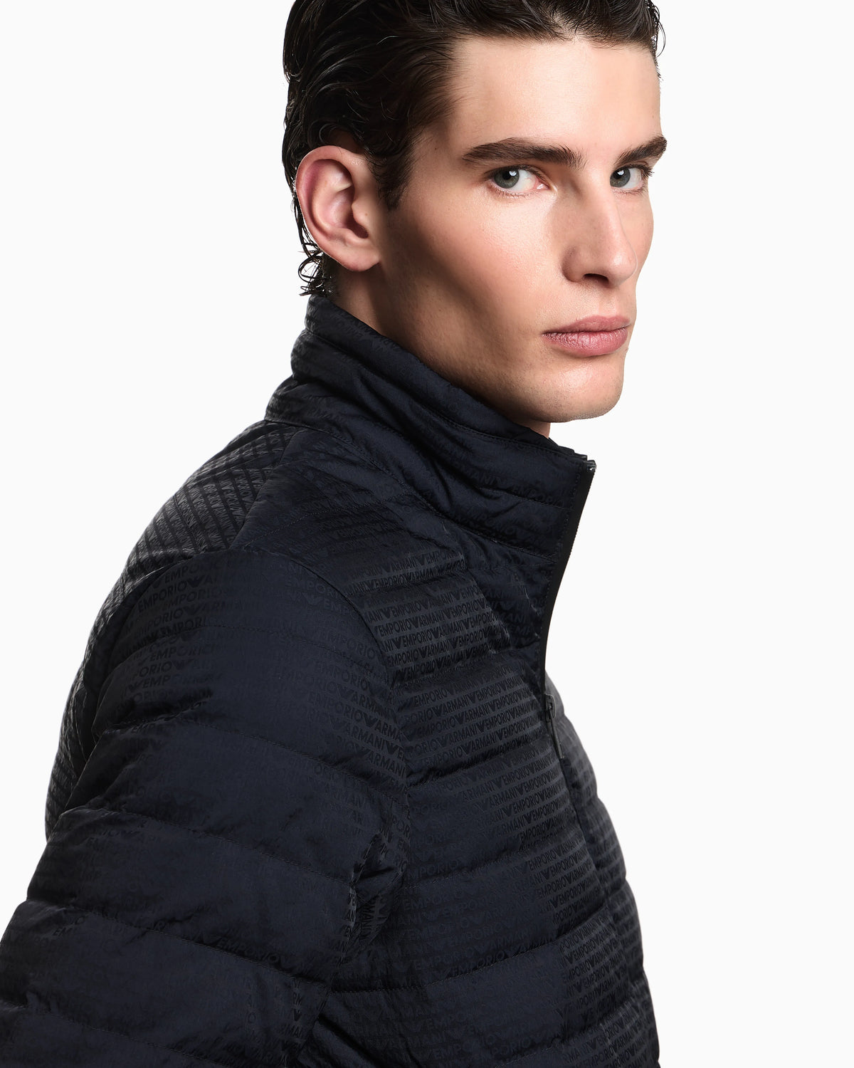 Quilted down jacket with all-over jacquard logo Essential