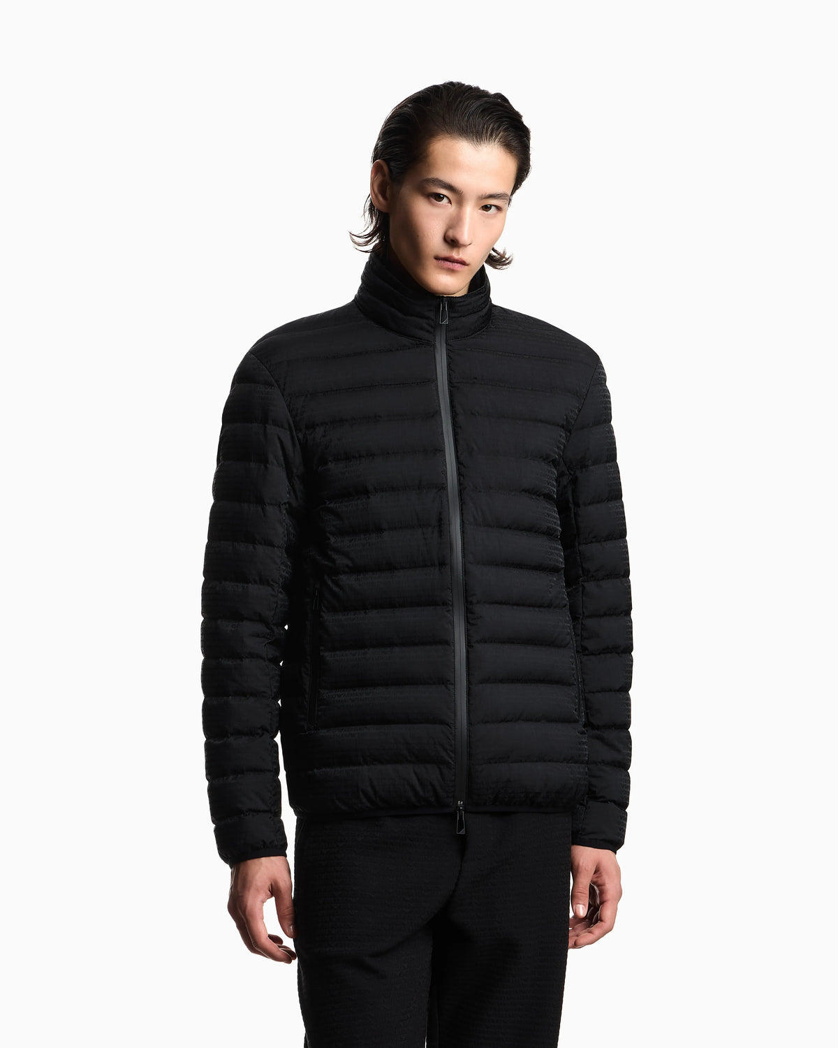 Quilted down jacket with all-over jacquard logo Essential
