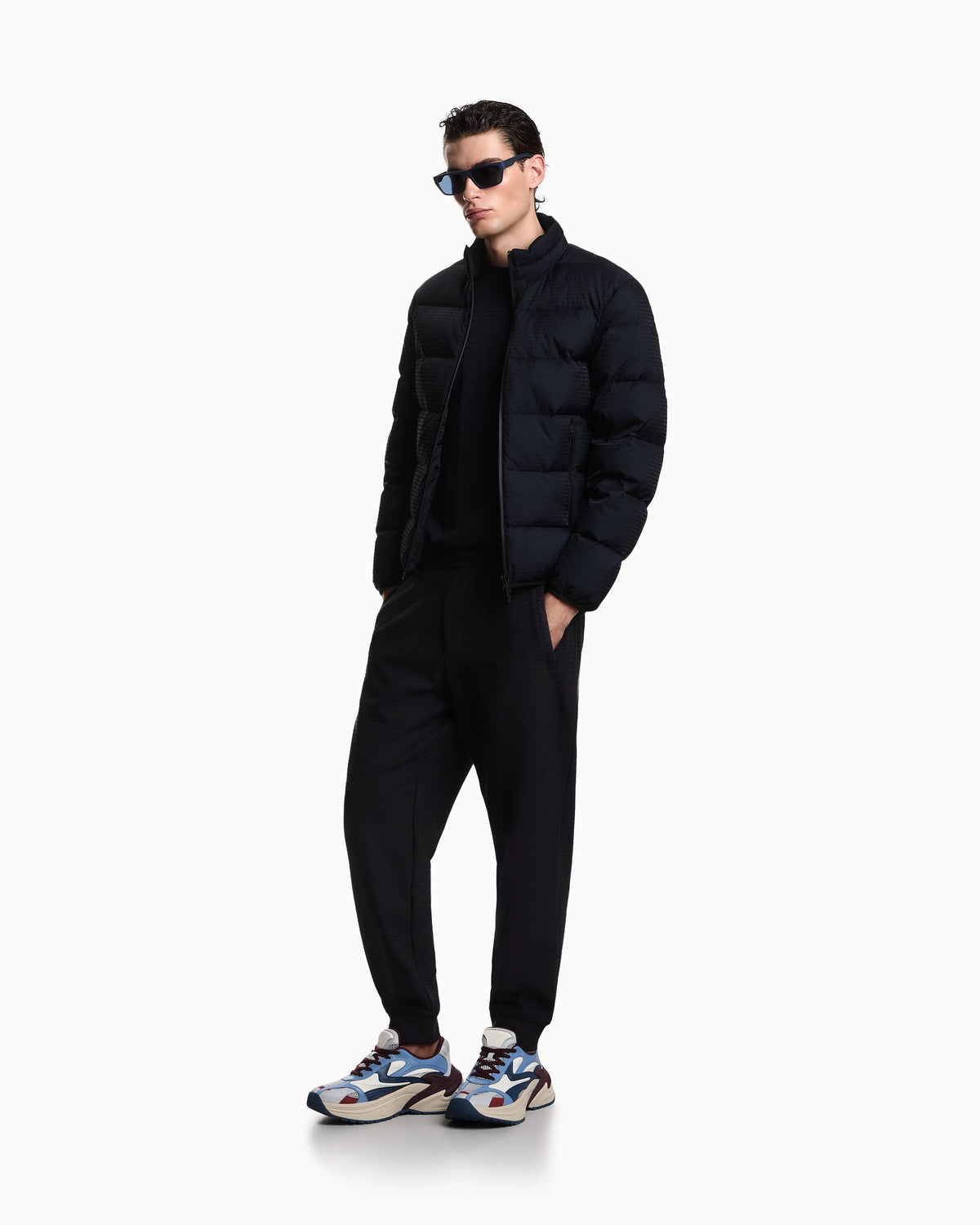 Water-repellent, quilted nylon down jacket with jacquard logo lettering