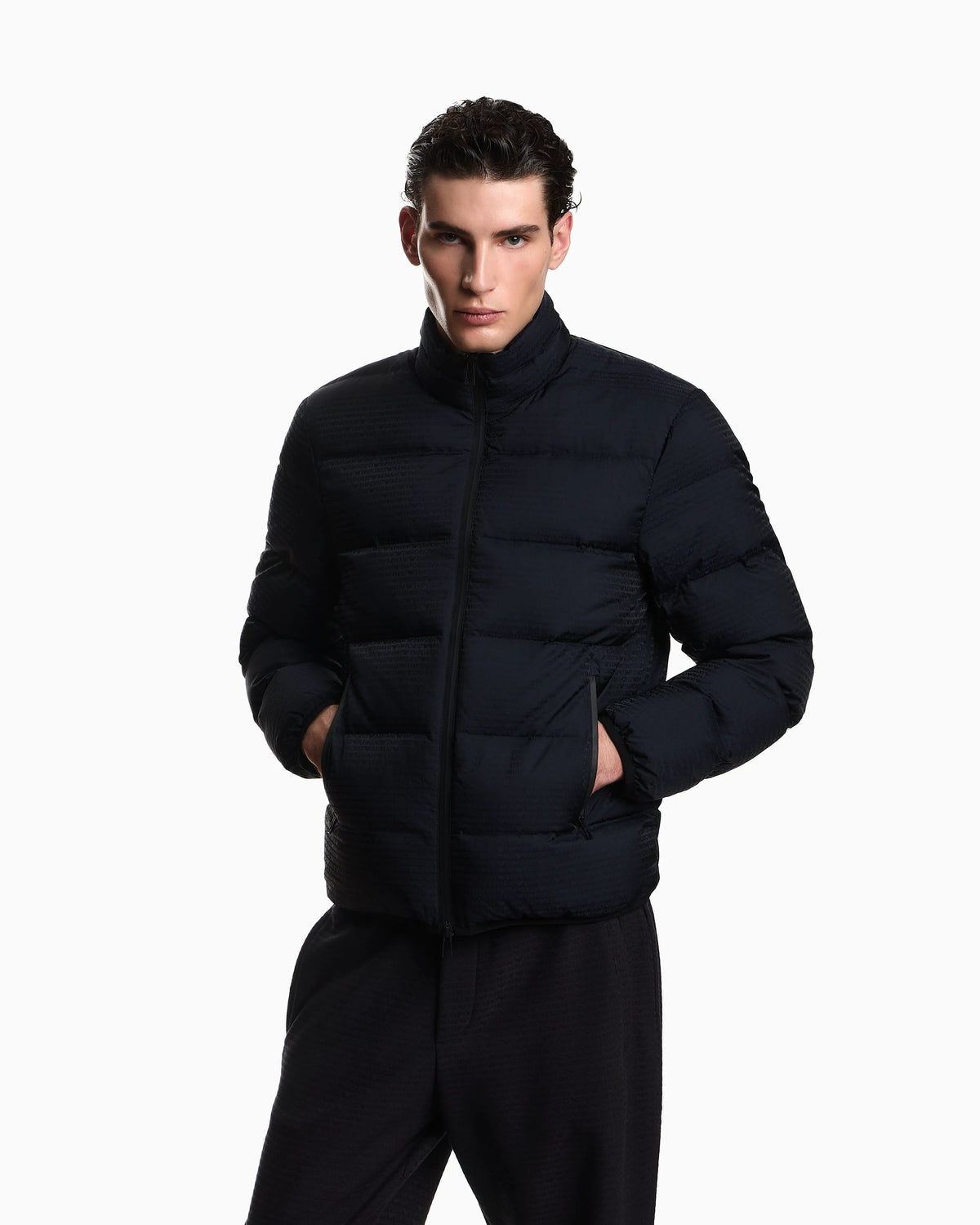 Water-repellent, quilted nylon down jacket with jacquard logo lettering