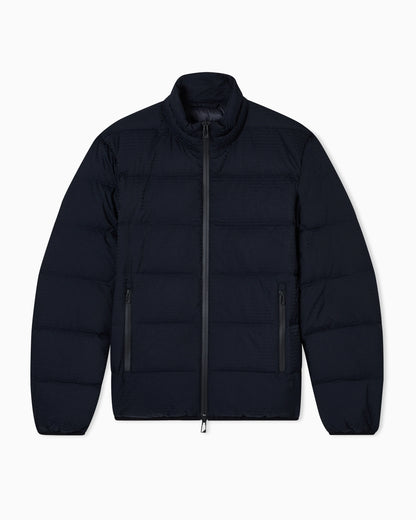 Water-repellent, quilted nylon down jacket with jacquard logo lettering