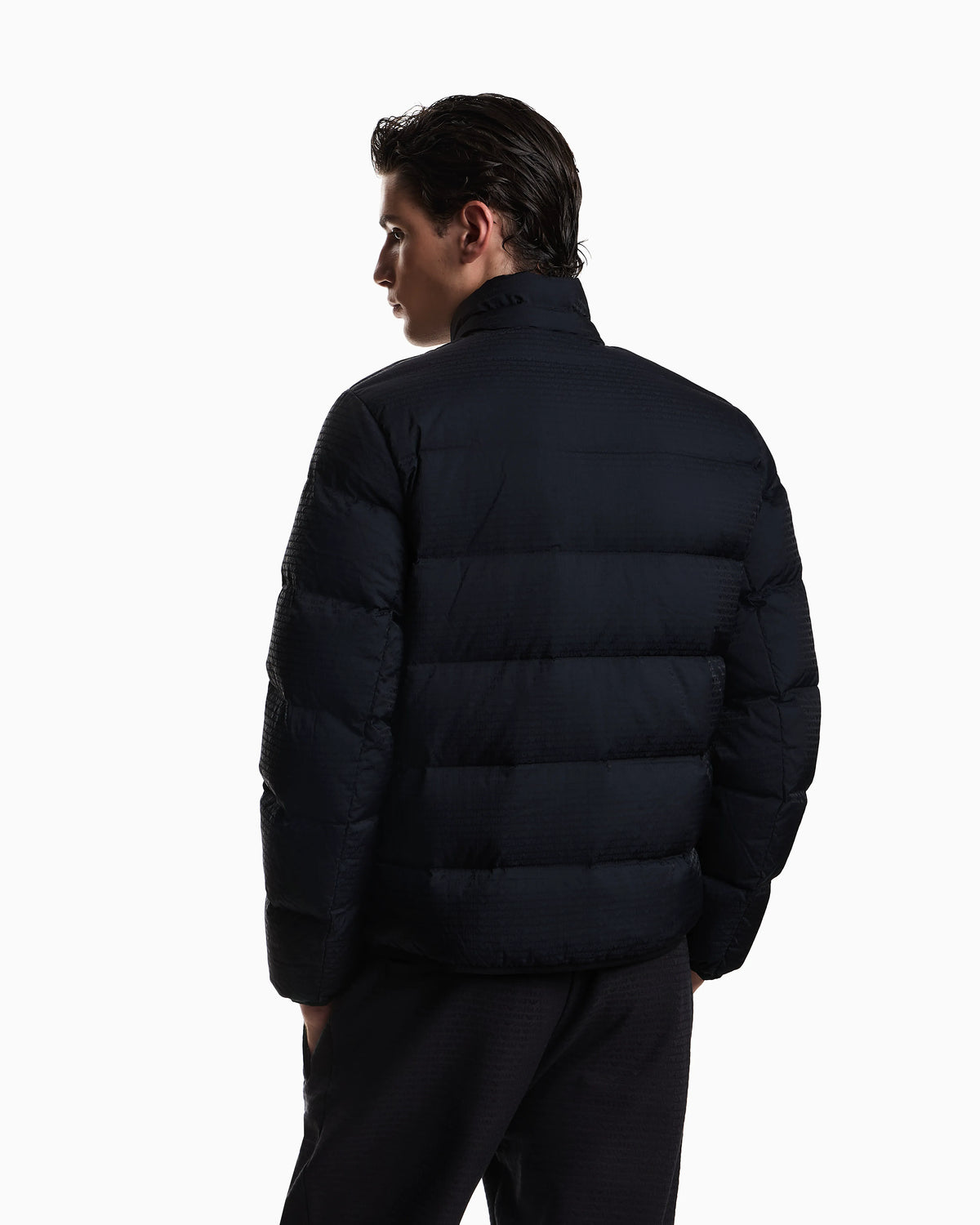 Water-repellent, quilted nylon down jacket with jacquard logo lettering