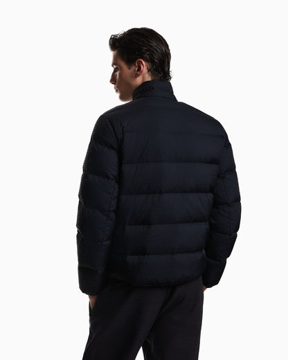 Water-repellent, quilted nylon down jacket with jacquard logo lettering