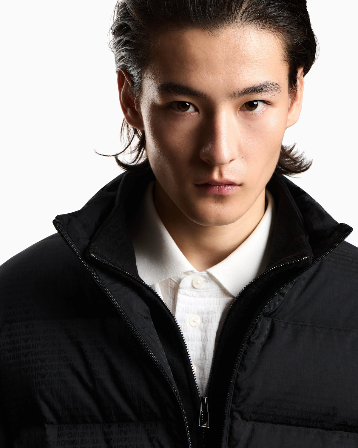 Water-repellent, quilted nylon down jacket with jacquard logo lettering