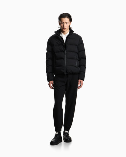 Water-repellent, quilted nylon down jacket with jacquard logo lettering