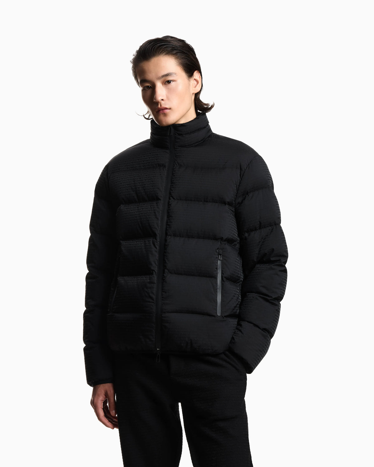 Water-repellent, quilted nylon down jacket with jacquard logo lettering