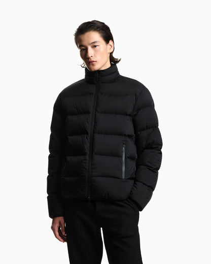 Water-repellent, quilted nylon down jacket with jacquard logo lettering