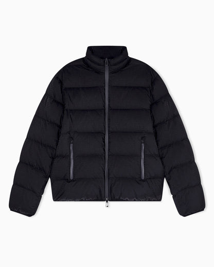 Water-repellent, quilted nylon down jacket with jacquard logo lettering