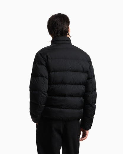 Water-repellent, quilted nylon down jacket with jacquard logo lettering