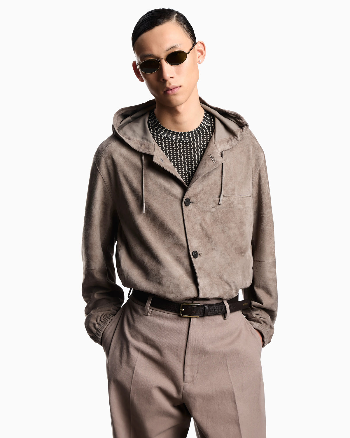Hooded blouson in goatskin suede