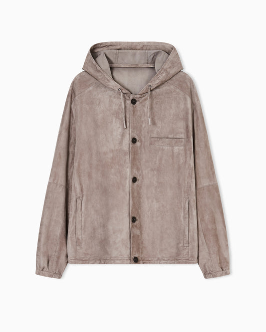 Hooded blouson in goatskin suede