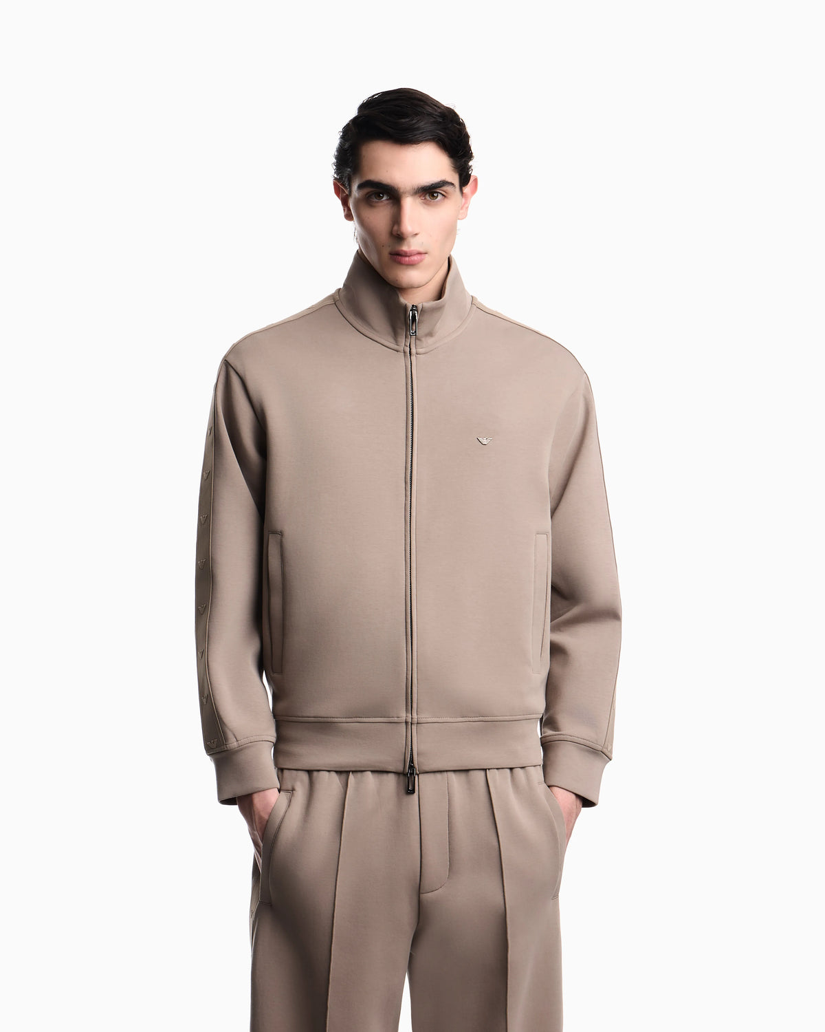 Full-zip sweatshirt in double jersey with micro-eagle band