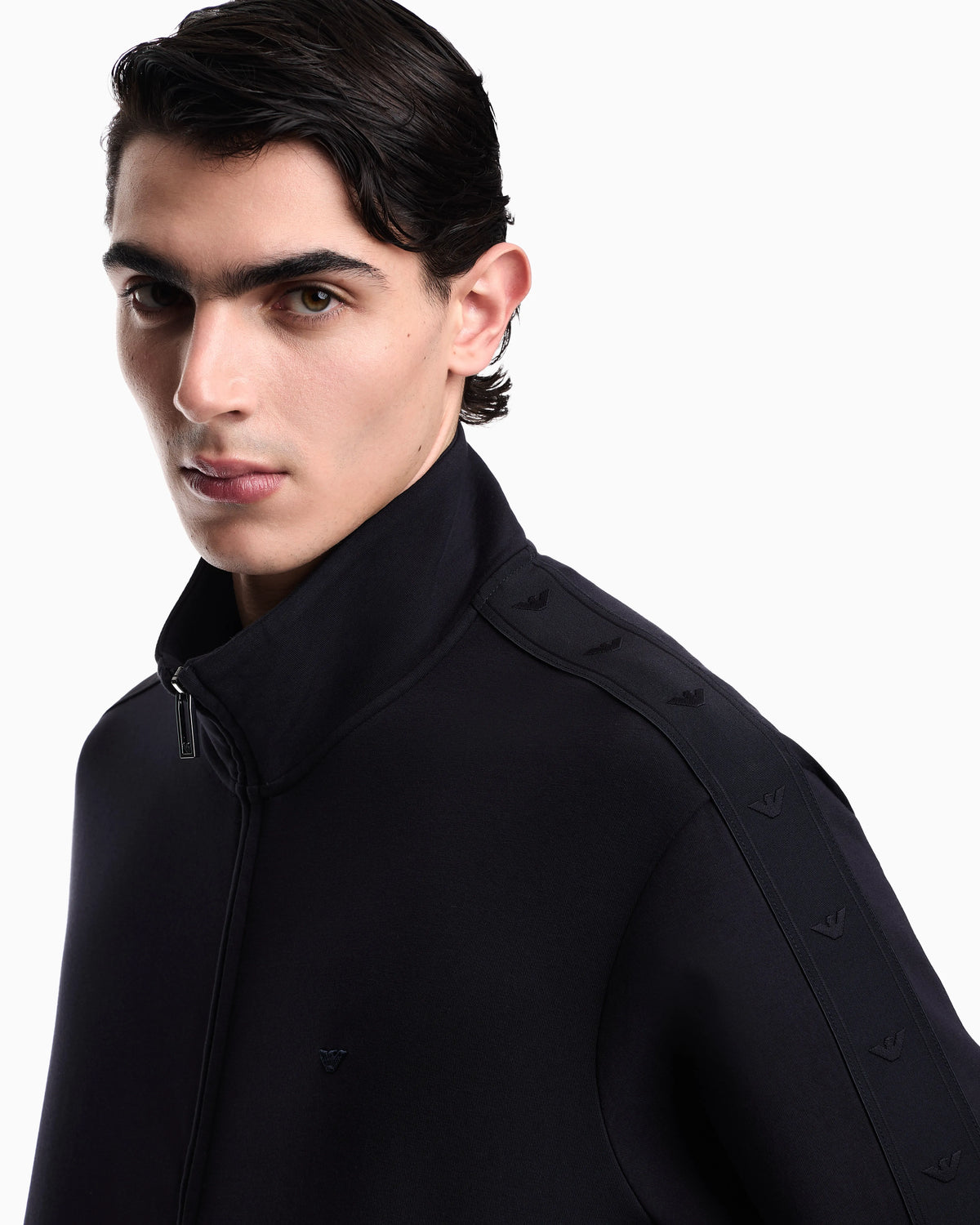 Full-zip sweatshirt in double jersey with micro-eagle band