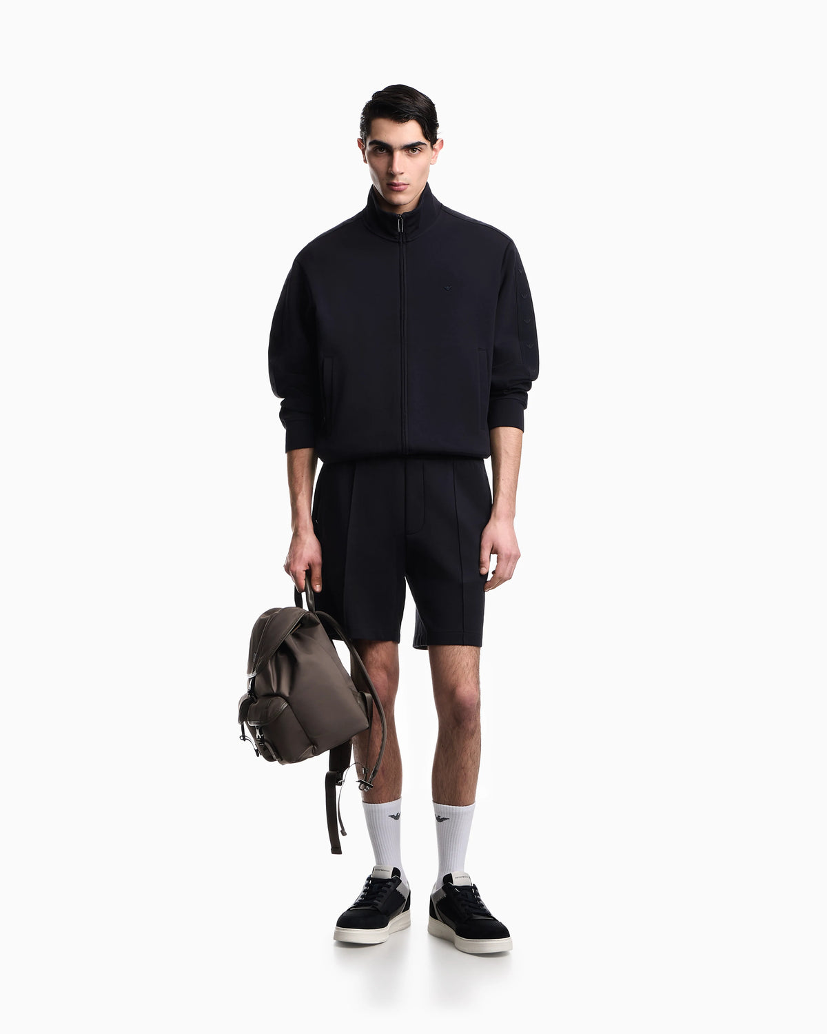 Full-zip sweatshirt in double jersey with micro-eagle band