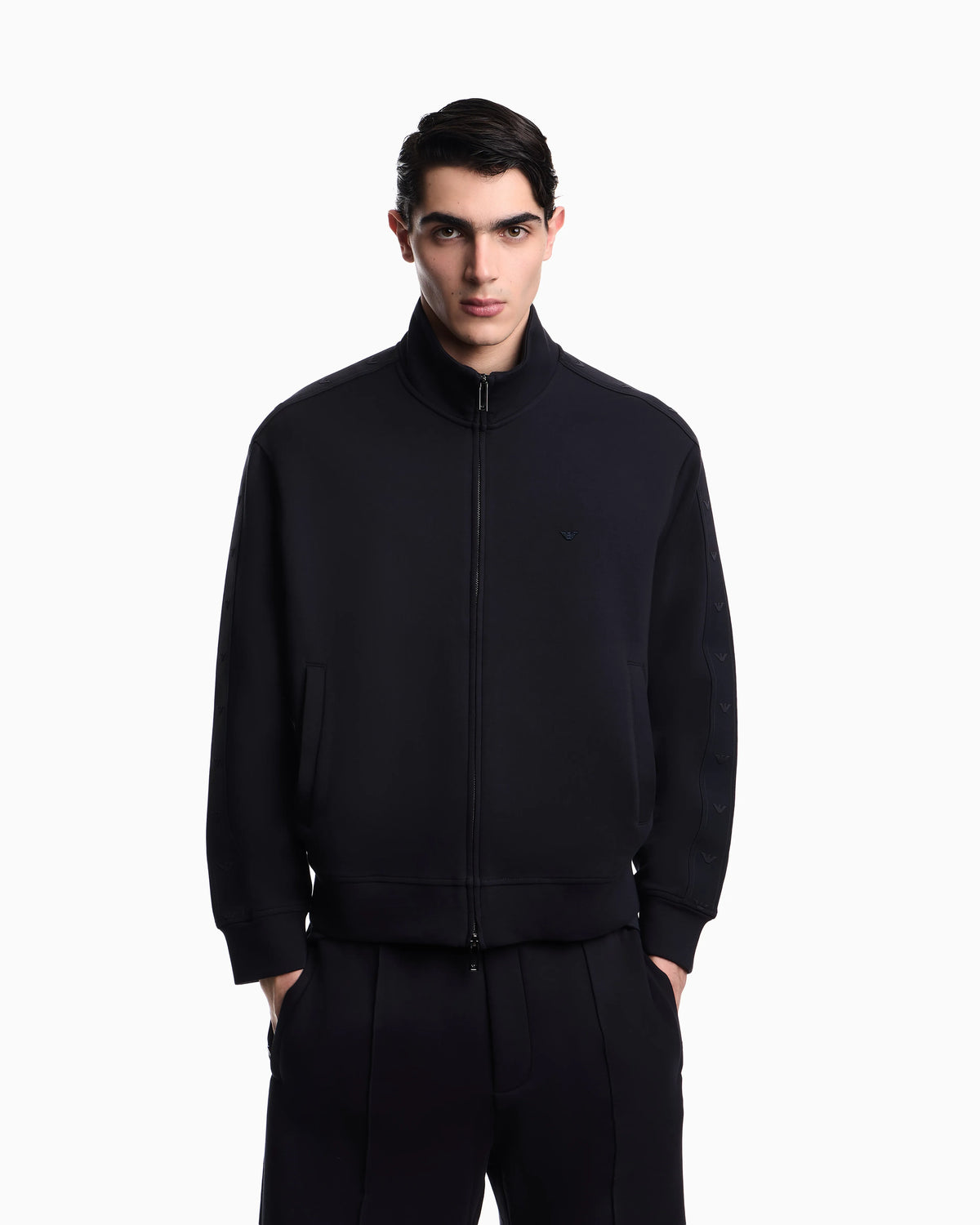 Full-zip sweatshirt in double jersey with micro-eagle band