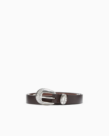 Leather belt with embossed buckle