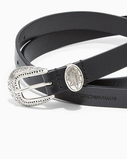 Leather belt with embossed buckle