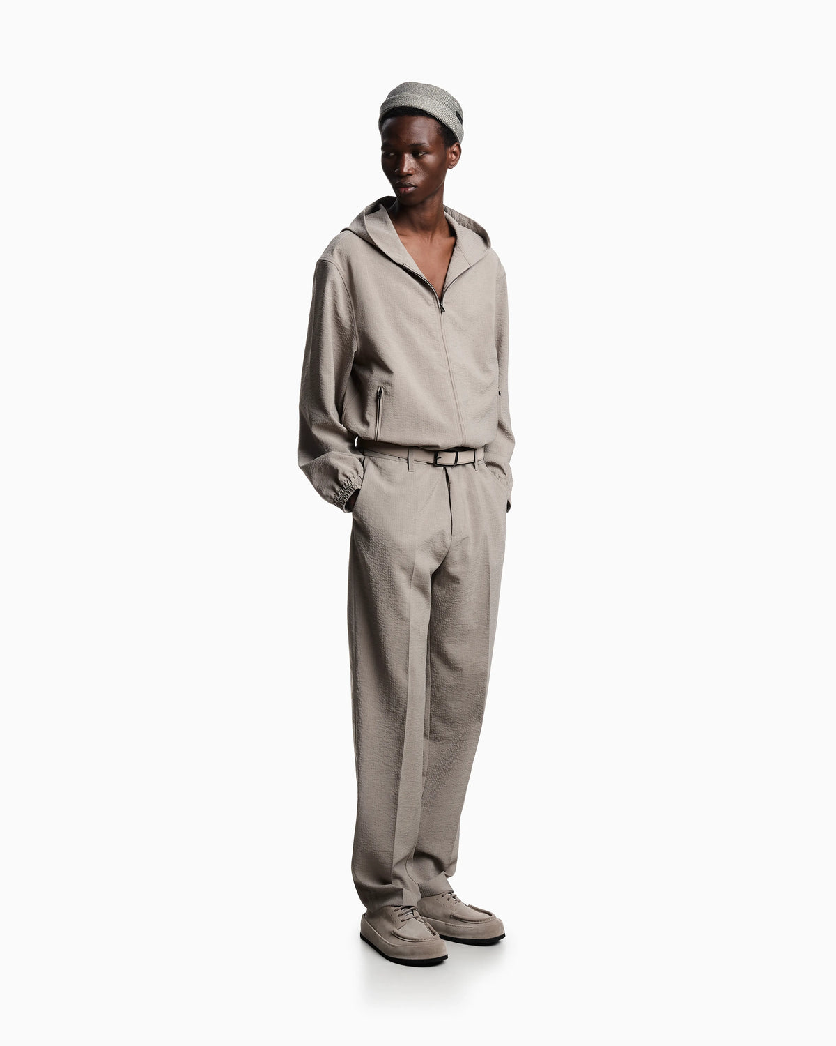 Technical-seersucker fabric hooded blouson
