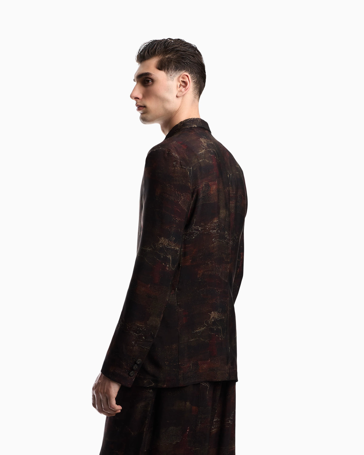 Single-breasted jacket in cupro twill with all-over print