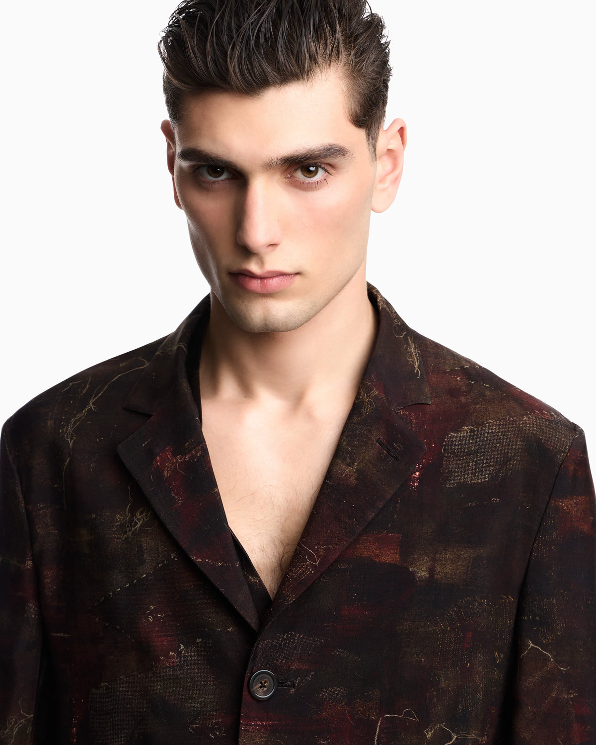 Single-breasted jacket in cupro twill with all-over print