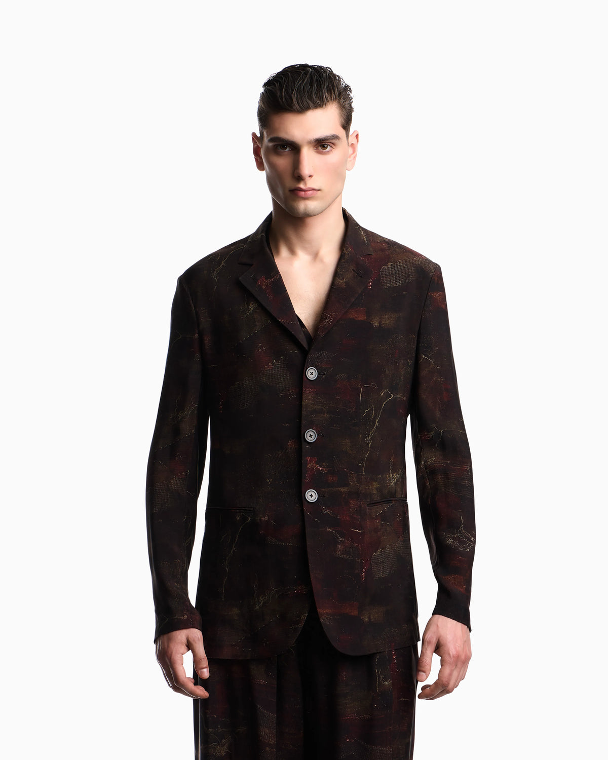 Single-breasted jacket in cupro twill with all-over print