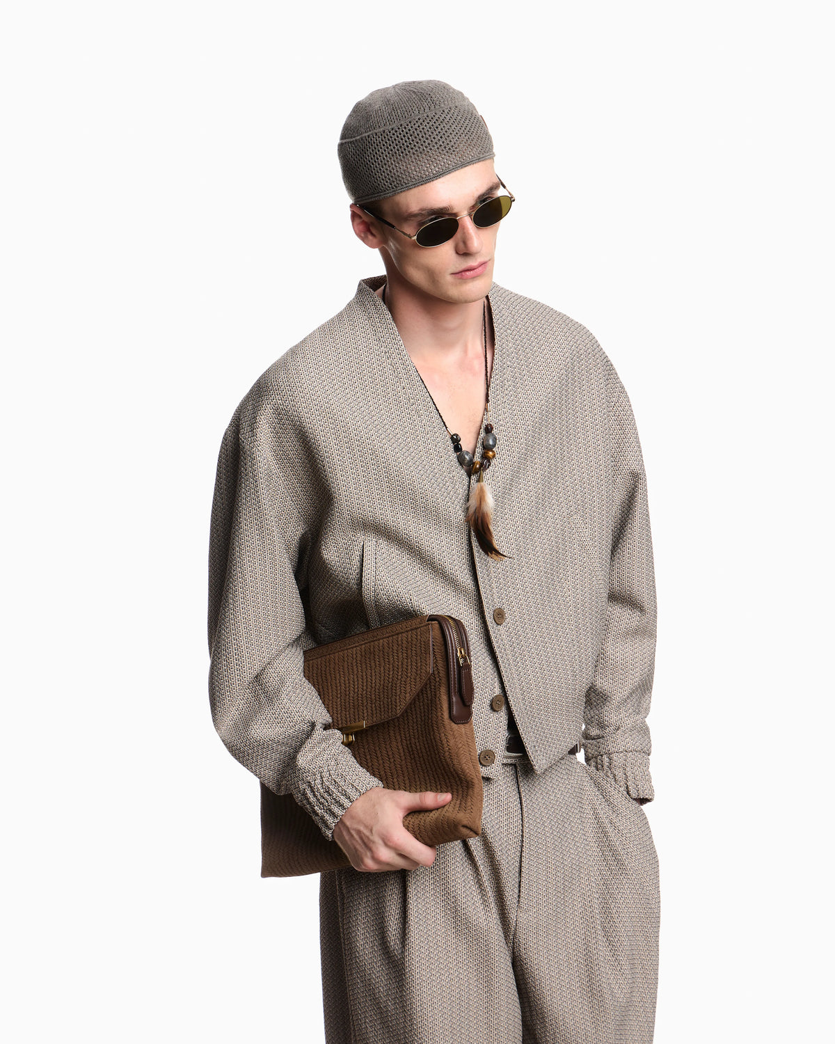 V-neck blouson in 3D effect micro-pattern fabric